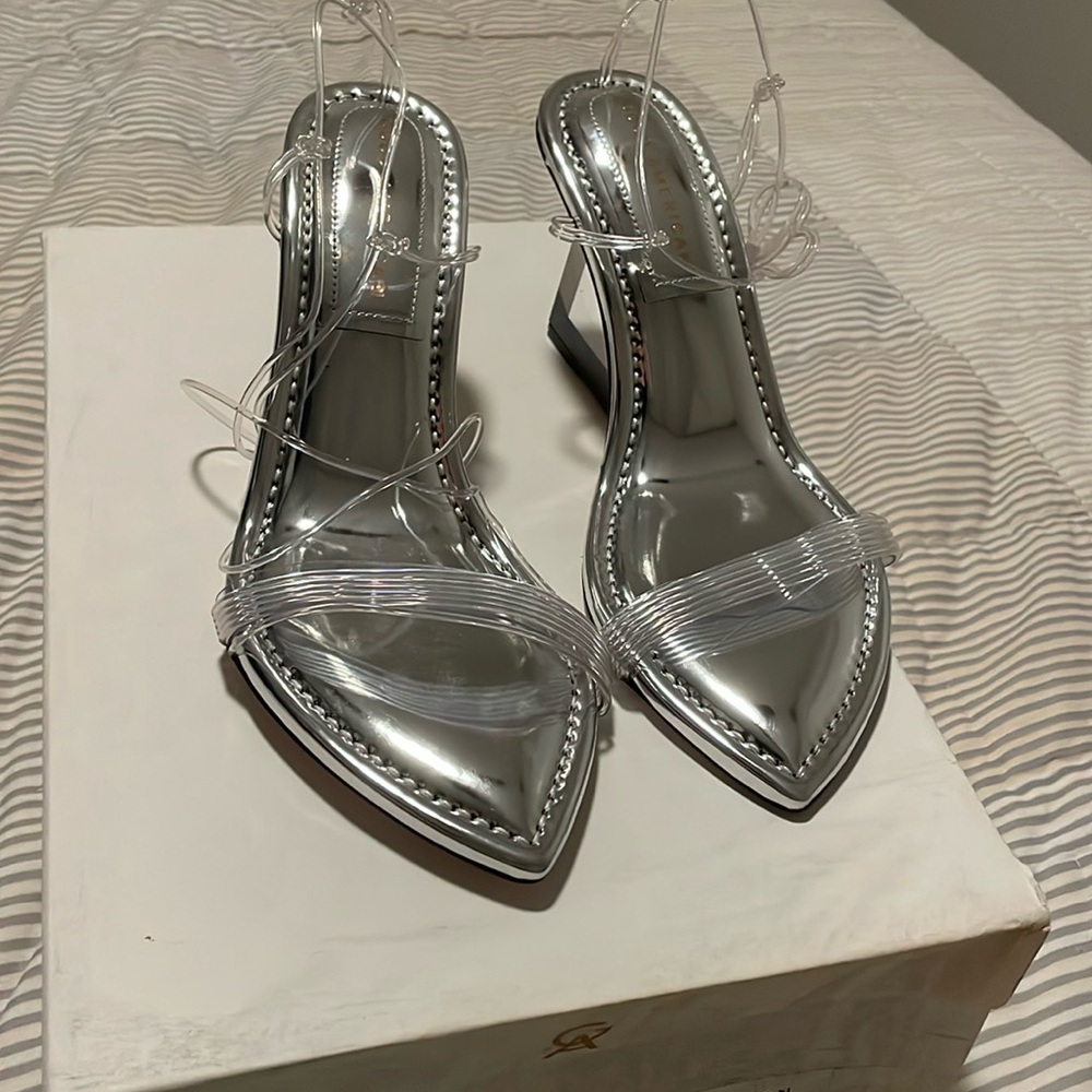 Good American Cinder F Rella Wedge Silver Lucite Triangle Block Heel Size 8 NWB
